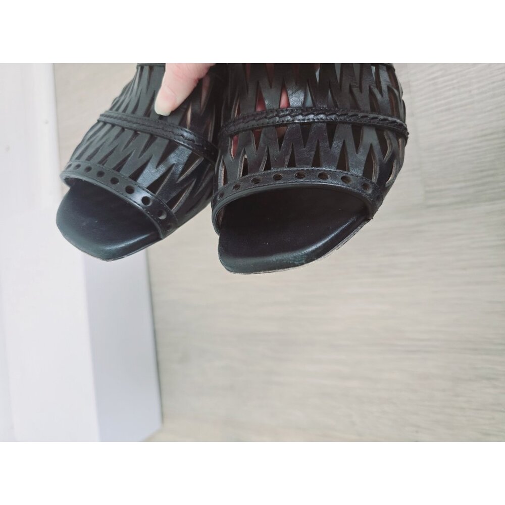 Alaia Paris Cutout Leather Black Slip On Open Toe Kitten Heels Mules Shoes 37 7 - Picture 6 of 11